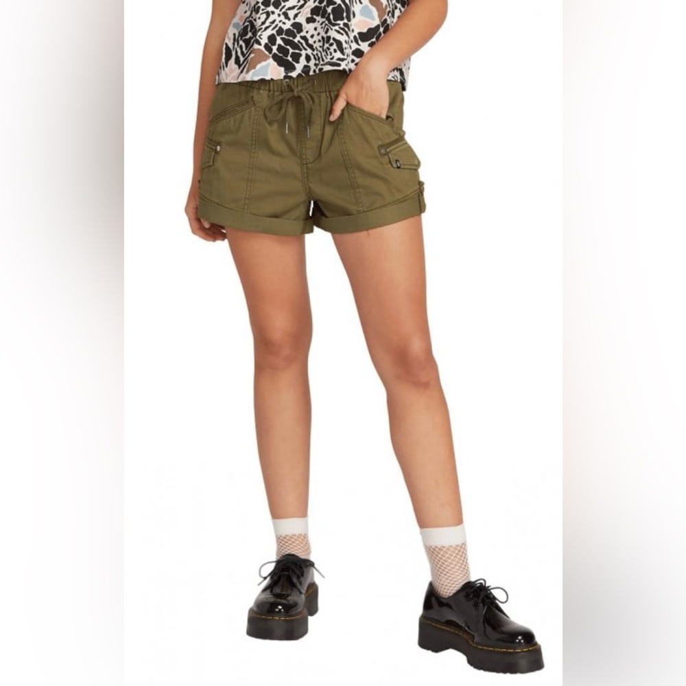VOLCOM Ladies Women’s Size Extra Small Khaki Green Cargo Drawstring Shor…